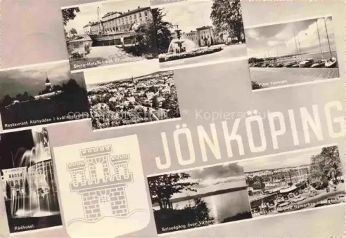 AK / Ansichtskarte Joenkoeping Sweden Restaurant Alphyddan Stora Hotellet Stadsparken Radhuset Yttre hamnen Solnedgang oever Vaettern