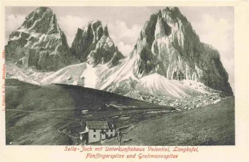 AK / Ansichtskarte Sellajoch Selva di Val Gardena IT Unterkunftshaus Valentini Langkofel Fuenffingerspitze Grohmannspitze Dolomiten