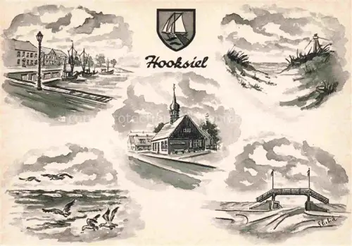 AK / Ansichtskarte Hooksiel Nordseebad Wangerland Friesland Niedersachsen Zeichnung mit Kirche Duenen Brndung Hochbruecke 