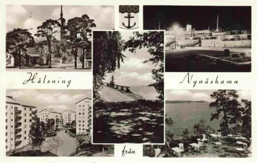 AK / Ansichtskarte Nynaeshamn Sweden Kirche Faehrschiff Wohnhaeuser Strand Schaeren Mehrbildkarte