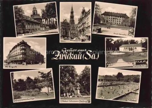 AK / Ansichtskarte ZWICKAU  Sachsen Museum Hauptmarkt Ernst-Schneller-Platz HO Ringcafé Freilichtbuehne Schwanenteich Park Schumann Denkmal Volksbad