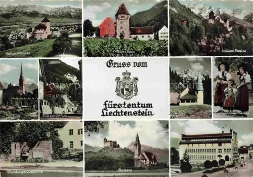 AK / Ansichtskarte LIECHTENSTEIN FueRSTENTUM Schloss Vaduz rotes Haus Blick zum Schloss rheinberger Denkmal, Balzers Rathaus Lichtensteiner Trachten Im Steg