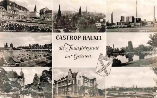 AK / Ansichtskarte Castrop-Rauxel Muensterplatz Stadtpanorama Zeche Erin Badeanstalt Gondelteich Rathaus Rennbahn