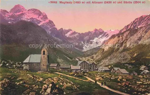 AK / Ansichtskarte Meglisalp Megglisalp 1520m Altmann Saentis AR Ansicht mit Kirche Blick gegen Altmann und Saentis Appenzeller Alpen