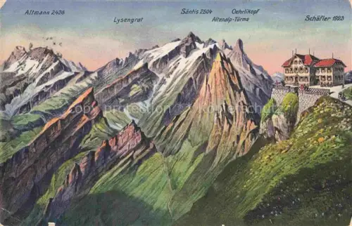 AK / Ansichtskarte Saentis 2504m Appenzell AR Gebirgspanorama Berggasthaus auf dem Schaefler im Saentisgebirge Appenzeller Alpen