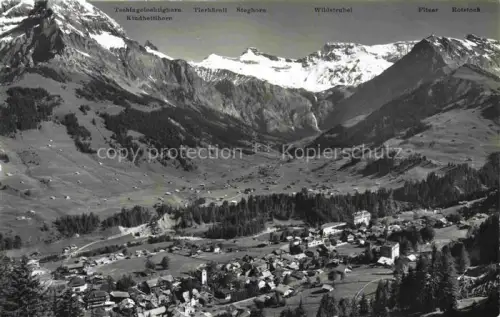 AK / Ansichtskarte Adelboden Frutigen BE Panorama Talabschluss mit Wildstrubel Engstligfaelle und Boden Berner Alpen