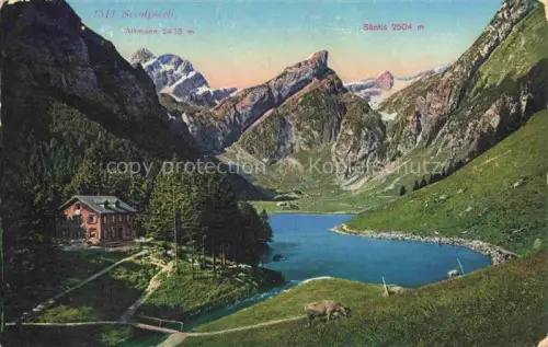 AK / Ansichtskarte Seealpsee 1139m Saentis Appenzell IR Gasthof am See Blick gegen Altmann und Saentis Appenzeller Alpen