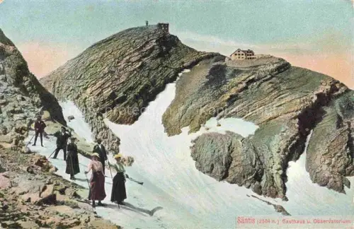 AK / Ansichtskarte Saentis 2504m Appenzell AR Bergwanderer Berggasthaus und Observatorium