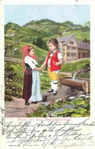 AK / Ansichtskarte Appenzeller Land IR Kinder Trachten Brunnen Kuenstlerkarte