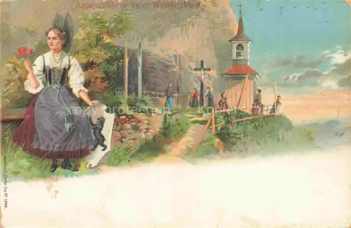 AK / Ansichtskarte Weissbad Appenzell IR Appenzellerin beim Wildkirchlein Trachten Kuenstlerkarte