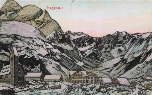 AK / Ansichtskarte Megglisalp Meglisalp 1520m Altmann Saentis AR Ansicht mit Kirche Kuenstlerkarte
