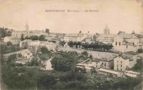 AK / Ansichtskarte Montfaucon-en-Velay 43 Haute-Loire Dorf zwei-Kirchtuerme Haeuser Baeume Huegel Mauer Garten Stein Allee