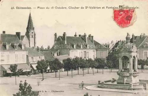 AK / Ansichtskarte CHATEAUDUN  28 Eure-et-Loir Place-du-18-Octobre Clocher-de-St-Valérien Fontaine-Monumentale Boucherie Epicerie Kirchturm Brunnen Geschaefte