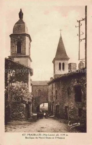 AK / Ansichtskarte Pradelles LE PUY 43 Haute-Loire Basilique-de-Notre-Dame Hospice Kirchturm Gasse Torbogen Steingebaeude Marienfigur Dorf
