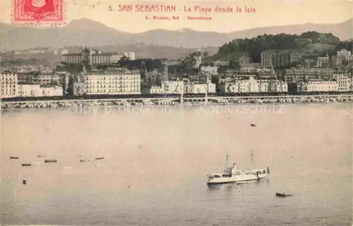 AK / Ansichtskarte SAN SEBASTIAN  DONOSTIA Saint-Sebastien Pais Vasco ES La-Playa-de-la-Concha Isla-de-Santa-Clara Bucht Stadtpanorama Strand Dampfschiff Boote Badegaeste