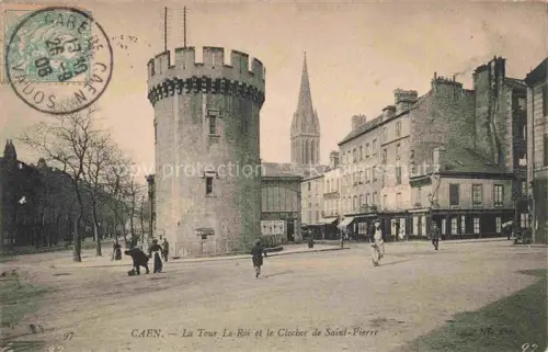 AK / Ansichtskarte CAEN 14 Calvados Tour-Le-Roi Clocher-de-Saint-Pierre Rundturm Kirchturm Strassenszene Passanten Geschaefte