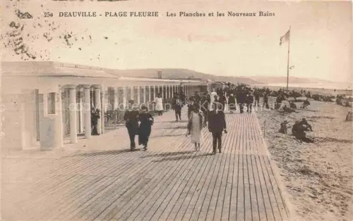 AK / Ansichtskarte DEAUVILLE-SUR-MER Lisieux 14 Calvados Les-Planches Nouveaux-Bains Strandpromenade Holzplanken Strandkabinen Passanten Strand Meer Flagge