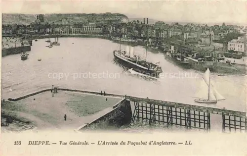 AK / Ansichtskarte DIEPPE 76 Seine-Maritime Hafen L Arrivée-du-Paquebot-d Angleterre Dampffaehre Segelboot Hafenmole Stadtpanorama Kreidekueste