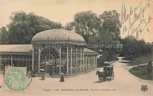 AK / Ansichtskarte Martigny-les-Bains Neufchateau 88 Vosges Pavillon-des-Sources Kurpavillon Jugendstil Glashaus Kutsche Pferd Park Kurgaeste