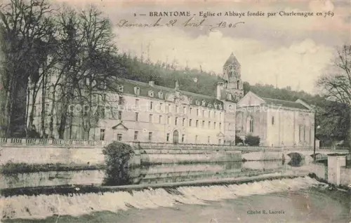 AK / Ansichtskarte Brantome Perigueux 24 Dordogne Eglise-et-Abbaye Kloster Kirche Fluss Wehr Baeume Romanisch Dronne