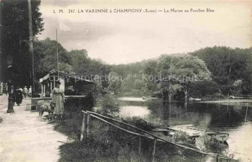 AK / Ansichtskarte CHAMPIGNY-SUR-MARNE NOGENT-SUR-MARNE 94 Val-de-Marne Marne Pavillon-Bleu Ufer Boote Baeume Frau Hund Fluss La-Varenne