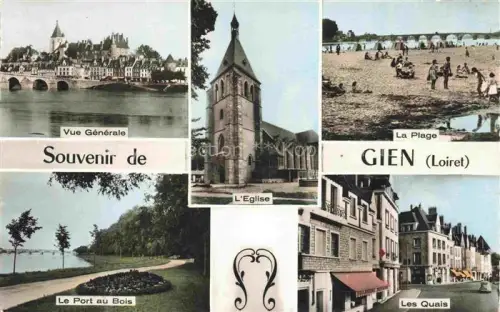 AK / Ansichtskarte Gien Montargis 45 Loiret Vue-Générale Eglise La-Plage Port-au-Bois Les-Quais Loire Bruecke Strand Stadtansicht Mehrbildkarte