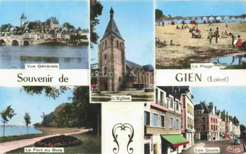 AK / Ansichtskarte Gien Montargis 45 Loiret Vue-Générale Eglise La-Plage Port-au-Bois Les-Quais Loire Bruecke Strand Haeuser Mehrbildkarte