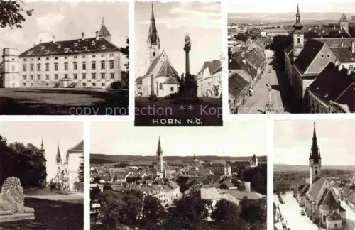 AK / Ansichtskarte Horn Waldviertel Niederoesterreich AT Schloss Mariensaeule Hauptplatz Stadtansicht Kirche Loewendenkmal Mehrbildkarte