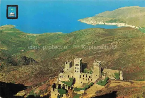 AK / Ansichtskarte San Pedro de Roda El Port de la Selva Costa Brava Girona Cataluna ES San-Pedro-de-Roda Klosterruine Port-de-la-Selva Kueste Huegel Wappen Meer Bucht