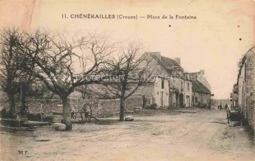 AK / Ansichtskarte Chenerailles Aubusson 23 Creuse Place-de-la-Fontaine Brunnen Baeume Dorfplatz Steingebaeude Fuhrwerk Dorf