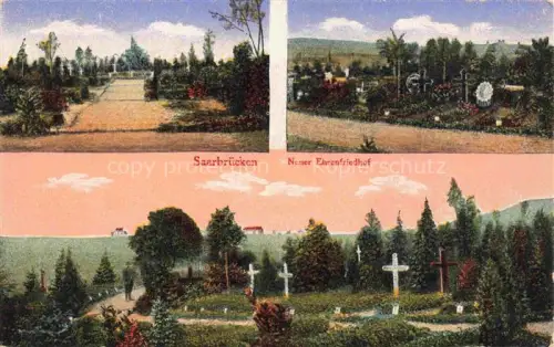 AK / Ansichtskarte SAARBRueCKEN Saarland Neuer-Ehrenfriedhof Kriegsgraeber Kreuze Friedhof Trauerbaeume Mehrbildkarte