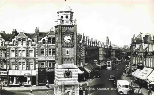 AK / Ansichtskarte Crouch End Clock-Tower Uhrturm Doppeldeckerbus Geschaeftsstrasse Hornsey Stadtverkehr