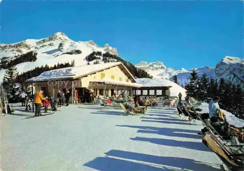 AK / Ansichtskarte Engelberg  OW Bergrestaurant-Brunni Sonnenterrasse Skifahrer Liegestuehle Alpen Schnee Nadelwald Bergpanorama