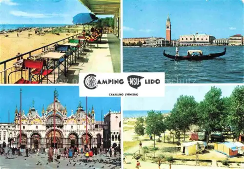 AK / Ansichtskarte Lido del Cavallino Lido di Cavallino Veneto IT Camping-NSU-Lido Strand Cafe-Terrasse Markusdom Dogenpalast Gondel Markusplatz Campingplatz