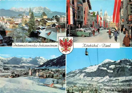 AK / Ansichtskarte Kitzbuehel Tirol AT Wilder-Kaiser Hauptstrasse Stadtansicht Seilbahn Bergpanorama Schnee Kirchturm Wintersportort