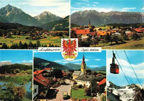 AK / Ansichtskarte Igls Jgls Innsbruck Tirol AT Luftkurort Lansersee Seilbahn Bergpanorama Kirchturm Tirol-Wappen Ortszentrum Wiesen