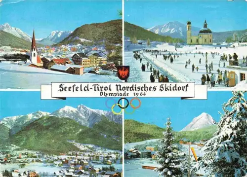AK / Ansichtskarte SEEFELD Tirol AT Olympiade-1964 Nordisches-Skidorf Ortsansicht Kirchturm Eislaufplatz Seekirchl Karwendel Winterlandschaft Olympische-Ringe Mehrbildkarte