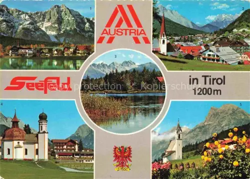 AK / Ansichtskarte SEEFELD Tirol AT Wettersteingebirge Karwendelgebirge Wildsee Kalkkoegel Seekirchlein Moesern Hohe-Munde Tirol-Wappen Mehrbildkarte