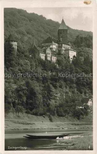 AK / Ansichtskarte Zwingenberg Bergstrasse Hessen Burg-Zwingenberg Neckar Kahn Fachwerk Wald Schloss Felssporn S/W-Fotokarte