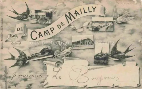 AK / Ansichtskarte Mailly-le-Camp Troyes 10 Aube Camp-de-Mailly Schwalben Mehrbildkarte Grusskarte Vignetten Baraquements Kirche Militaerlager Dekoration