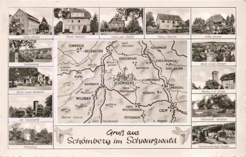 AK / Ansichtskarte Schoemberg  Schwarzwald Calw BW Kurort Hotel-Krone Kurpark Rathaus Kleingolf-Anlage Mehrbildkarte Ortsplan S/W-Fotokarte