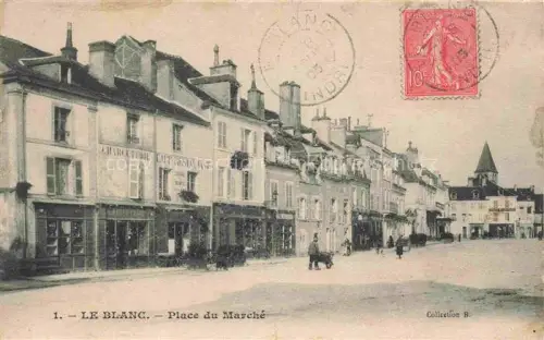 AK / Ansichtskarte LE BLANC 36 Indre Place-du-Marché Charcuterie Café-Restaurant Strassenszene Pferdewagen Haeuser Kirchturm
