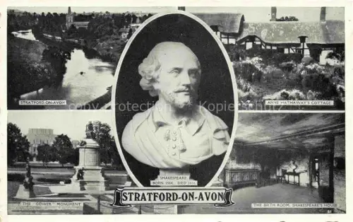 AK / Ansichtskarte Stratford-on-Avon UK Shakespeare-Bueste Anne-Hathaways-Cottage Gower-Monument Geburtshaus-Shakespeare Fluss Mehrbildkarte S/W-Foto