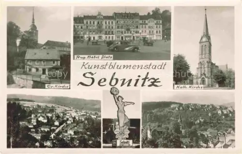 AK / Ansichtskarte Sebnitz Sachsen Aug.-Bebel-Platz Ev.-Kirche Kath.-Kirche Kunstblumenmacherin Stadtpanorama Mehrbildkarte S/W-Foto