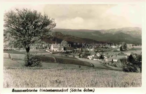 AK / Ansichtskarte Hinterhermsdorf Sebnitz Sachsen Dorfpanorama Kirche Felder Wald Berge Saechsische-Schweiz
