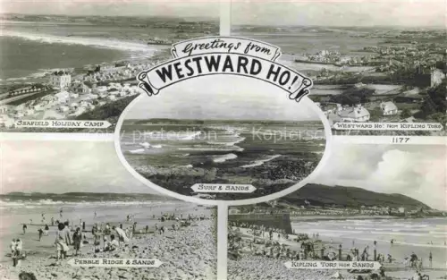 AK / Ansichtskarte Westward Ho! Torridge Devon UK Seafield-Holiday-Camp Kipling-Tors Surf-Sands Pebble-Ridge Strand Strandleben Mehrbildkarte Luftbild