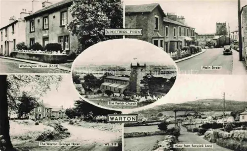 AK / Ansichtskarte Warton Lancashire UK Washington-House Main-Street Parish-Church Warton-Grange-Hotel Borwick-Lane Kalksteindorf Mehrbildkarte S/W-Foto