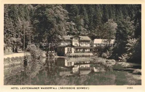 AK / Ansichtskarte Altendorf Lichtenhain Sebnitz Sachsen Hotel-Lichtenhainer-Wasserfall Teich Spiegelung Wald Fachwerkhaus Saechsische-Schweiz