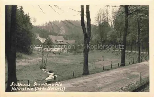 AK / Ansichtskarte Brand Hohnstein Gasthaus-Grundmuehle Bach Wald Wiese Weg Saechsische-Schweiz