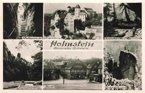 AK / Ansichtskarte Brand Hohnstein Wolfsschlucht Jugendburg Gautscharotte Polenztalwaechter Markt Brandscheibe Fachwerkhaeuser Felsen Saechsische-Schweiz Mehrbildkarte